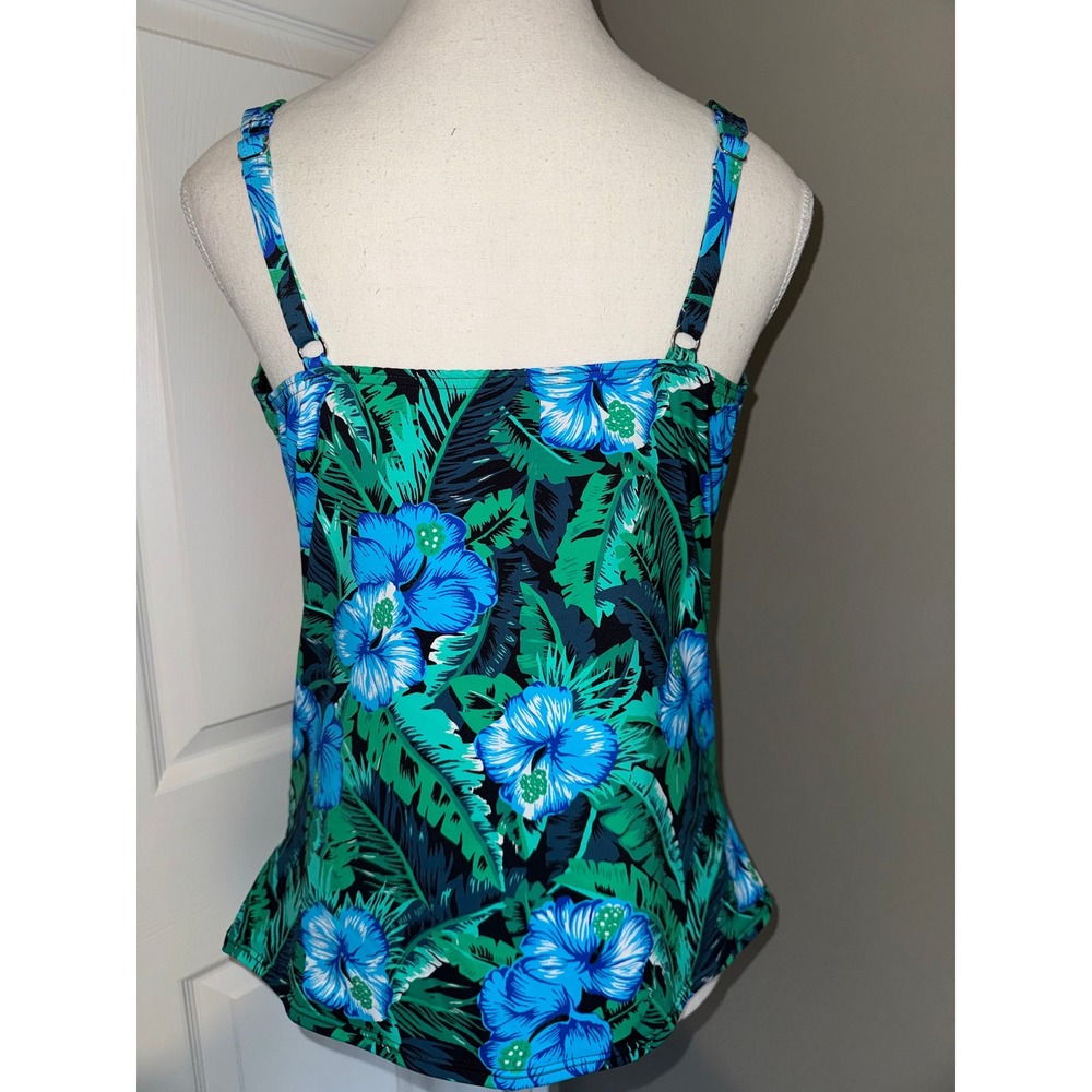 Lands End Tropical Floral Tankini Top Blue Green Hibiscus Underwire Size 12 - Picture 4 of 7